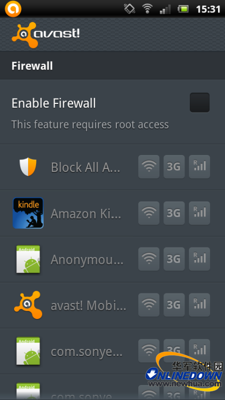 Root用户才可以使用Avast防火墙功能。与桌面防火墙一样，Avast防火墙可以禁用每款应用的网络连接。用户还可以定制每款应用的防火墙设置，使其通过Wi-Fi，3G或数据漫游工作。